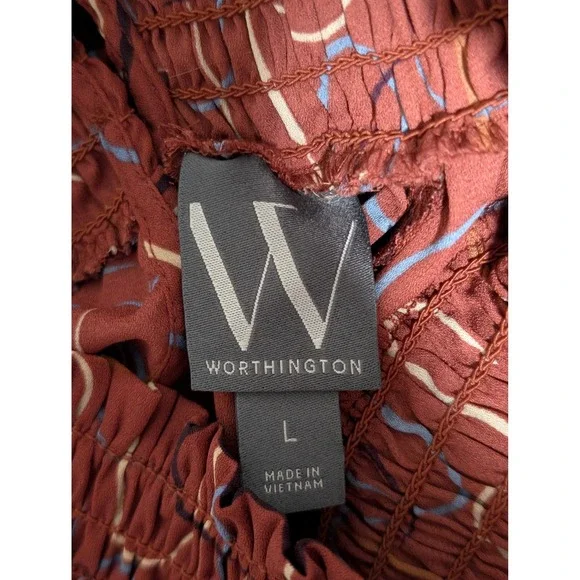 Worthington Long Sleeve Blouse Smocked Mock Neck Abstract Print Top Size L - Picture 7 of 8